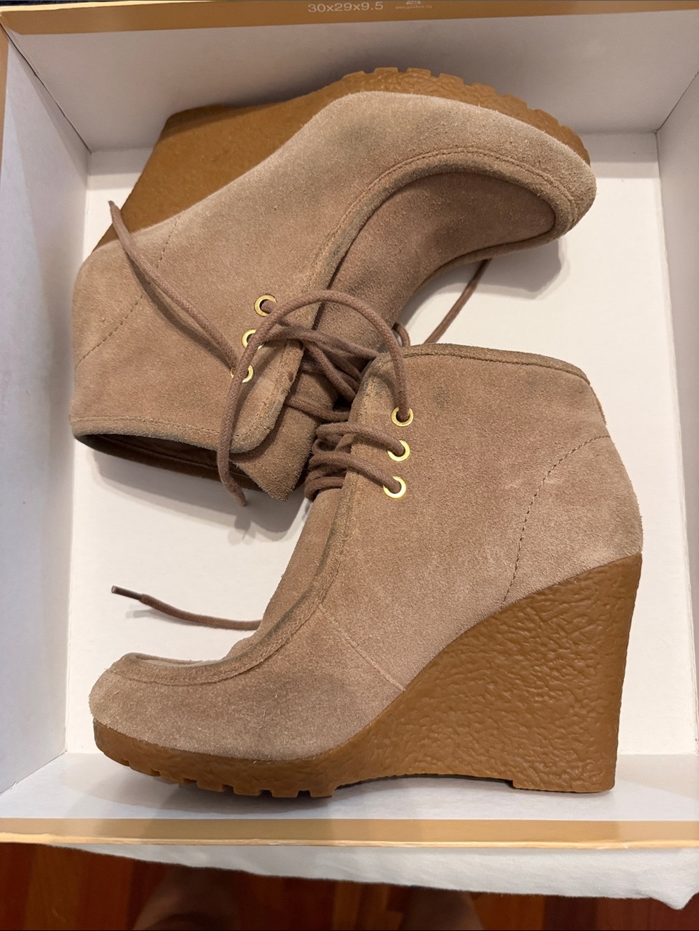 Michael Kors Taupe Suede Lace-Up Wedge Booties